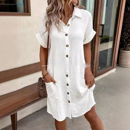 💎50% OFF! 💎 Women's Buttoned Short Sleeve Pocket Shirt Dress – Cotton Blend, Relaxed Fit & Everyday Versatility (M–2XL) 👗🌿