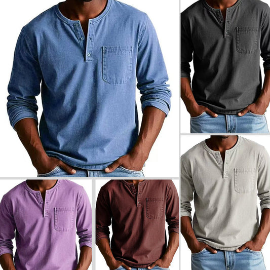 Camisa masculina de manga comprida com design retro e bolsos desgastados