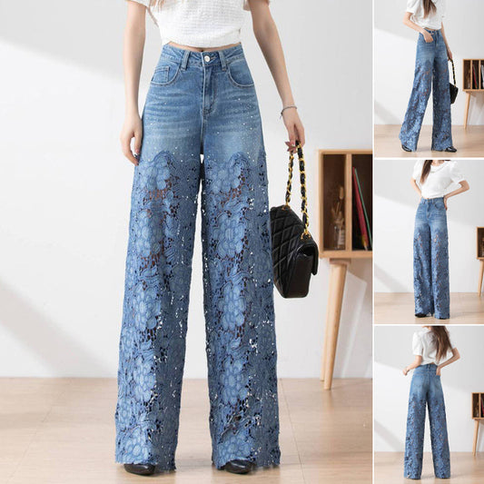 🔥 Summer Sale 49% Off Women's High-Waisted Blue Denim Wide-Leg Pants (Hollow-out Lace Panels)