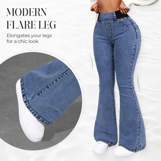 Calças de ganga femininas de cintura alta e corte largo em denim elástico