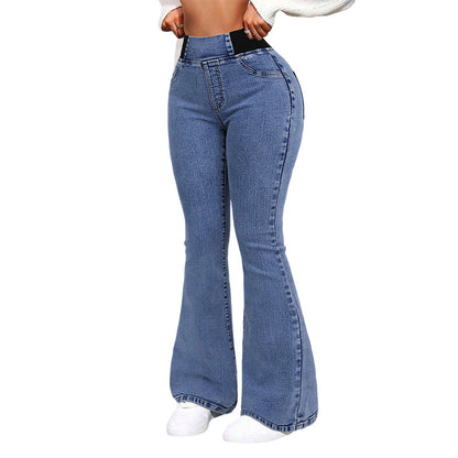 Calças de ganga femininas de cintura alta e corte largo em denim elástico