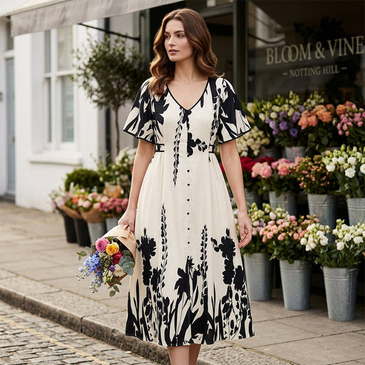 💎 -50% NO VESTIDO MIDI BOTÂNICO! 💎 Elegante decote em V, corte em A e mangas esvoaçantes chiques para um estilo intemporal 👗🌿