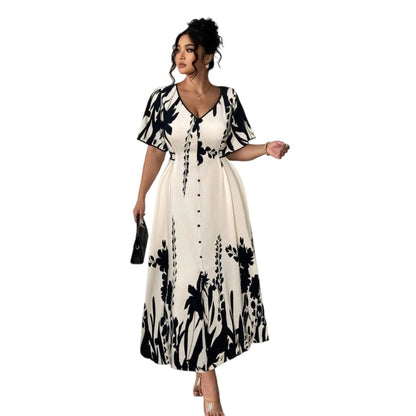 💎 -50% NO VESTIDO MIDI BOTÂNICO! 💎 Elegante decote em V, corte em A e mangas esvoaçantes chiques para um estilo intemporal 👗🌿