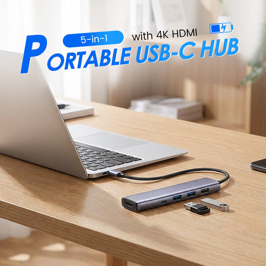 Hub USB-C portátil 5 em 1 com saída HDMI 4K