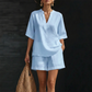 👚 50% DE DESCONTO – Conjunto Curto Casual com Decote V Feminino | Confortável, moderno & ideal para o verão